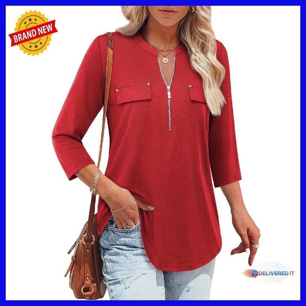 3/4 Sleeve Zipper Blouse with Leggings, Business Casual Tunic Top